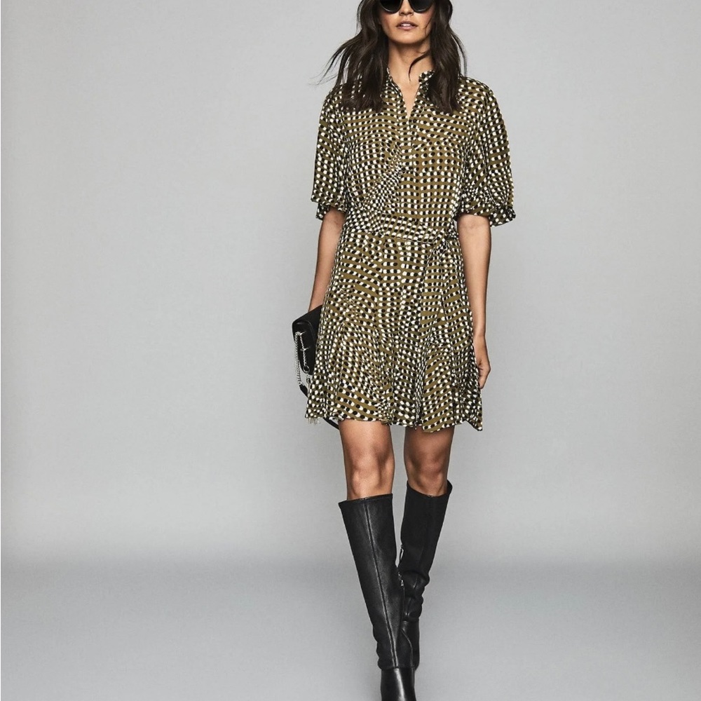Reiss Ottoline Spot Printed Mini Dress in Khaki- US Size 8